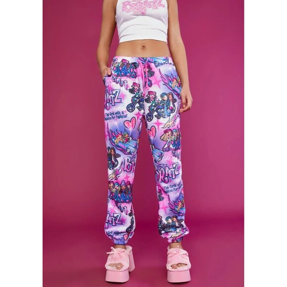 Dolls Kill X Bratz Airbrush Print Jogger Sweatpants M Purple Pink Drawstring - Picture 1 of 9